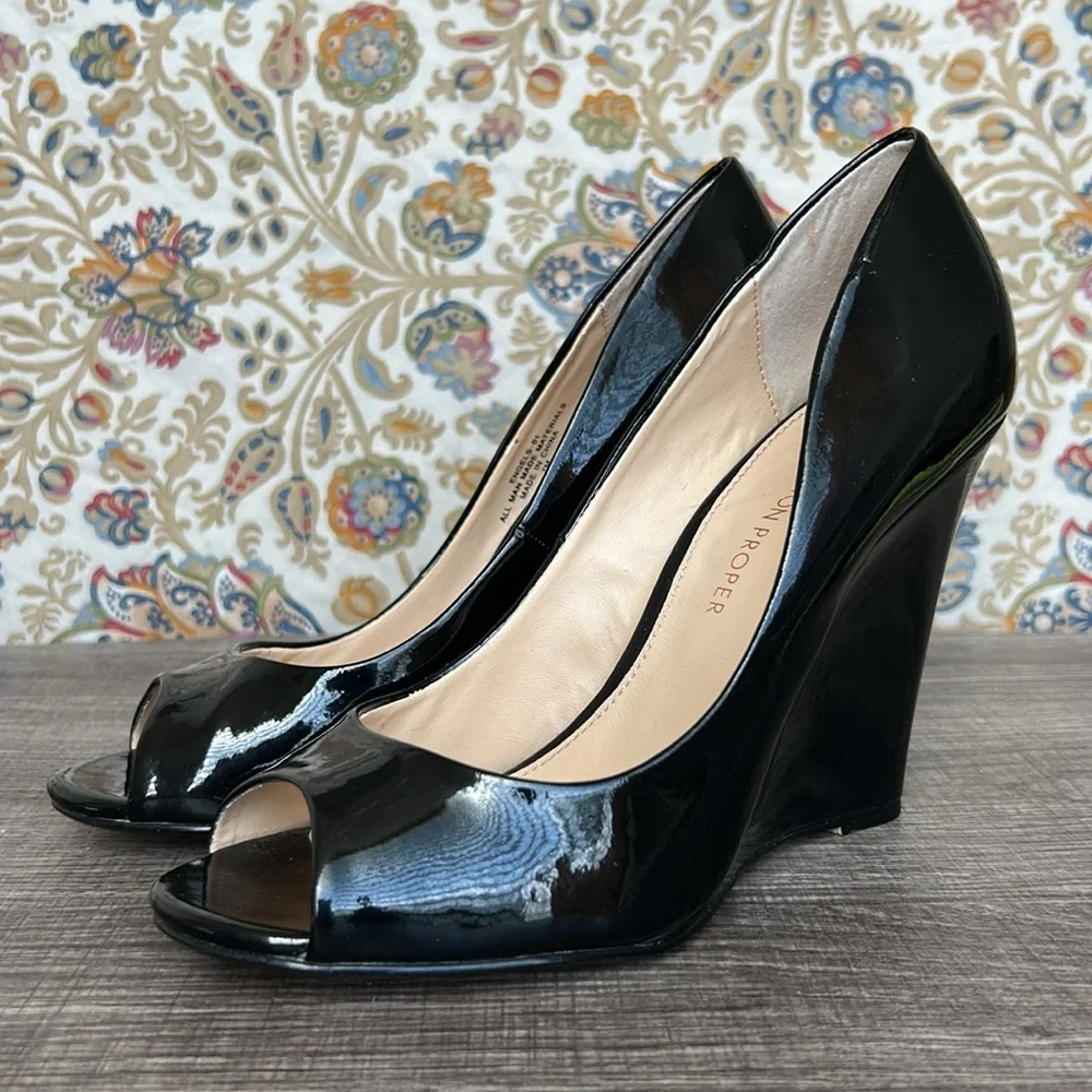 Boston Proper Black‎ Patent Leather Peep Toe Wedges Shoes Office Date Night 7M